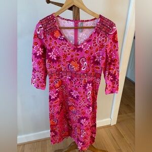 Hanna Andersson Small Pink Floral 100% Cotton V Neck 3/4 Sleeve Dress